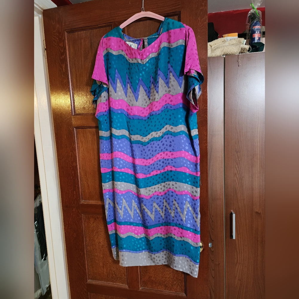 Vibrant Multi-color Mid Length Silk Dress With Matching Sash